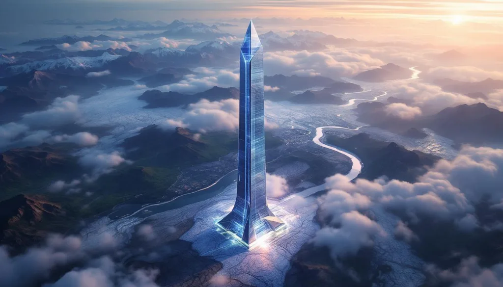 מבט על גורד השחקים בגובה 170 ק"מ שממחיש כיצד העושר פוגע בכדור הארץ, בלי יהירות ובלי שיא.