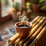 קערת קפה ליד הרדיאטורים שמטהרת את האוויר בבית בצורה טבעית – ללא פילטר וללא ספריי, פתרון פשוט ויעיל לרענון האוויר.