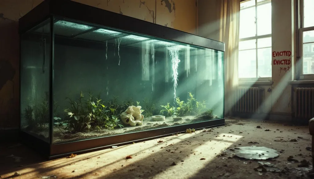 דייר שפונה מגלה מדוע השאיר אחריו אקווריום ענק וחוב כספי כבד בעקבות חוסר תשלום שכר דירה.